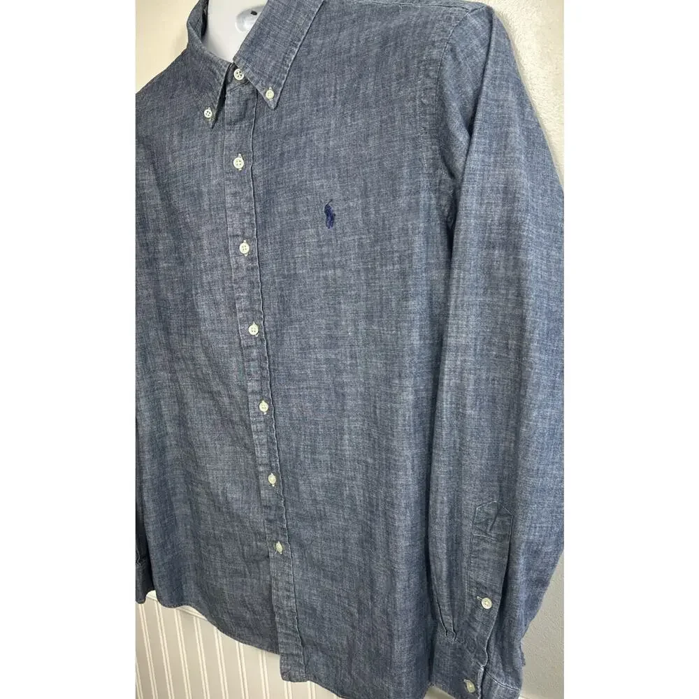 Vintage Polo Ralph Lauren Denim Button Down Shirt Men’s L Blue Custom Fit Preppy